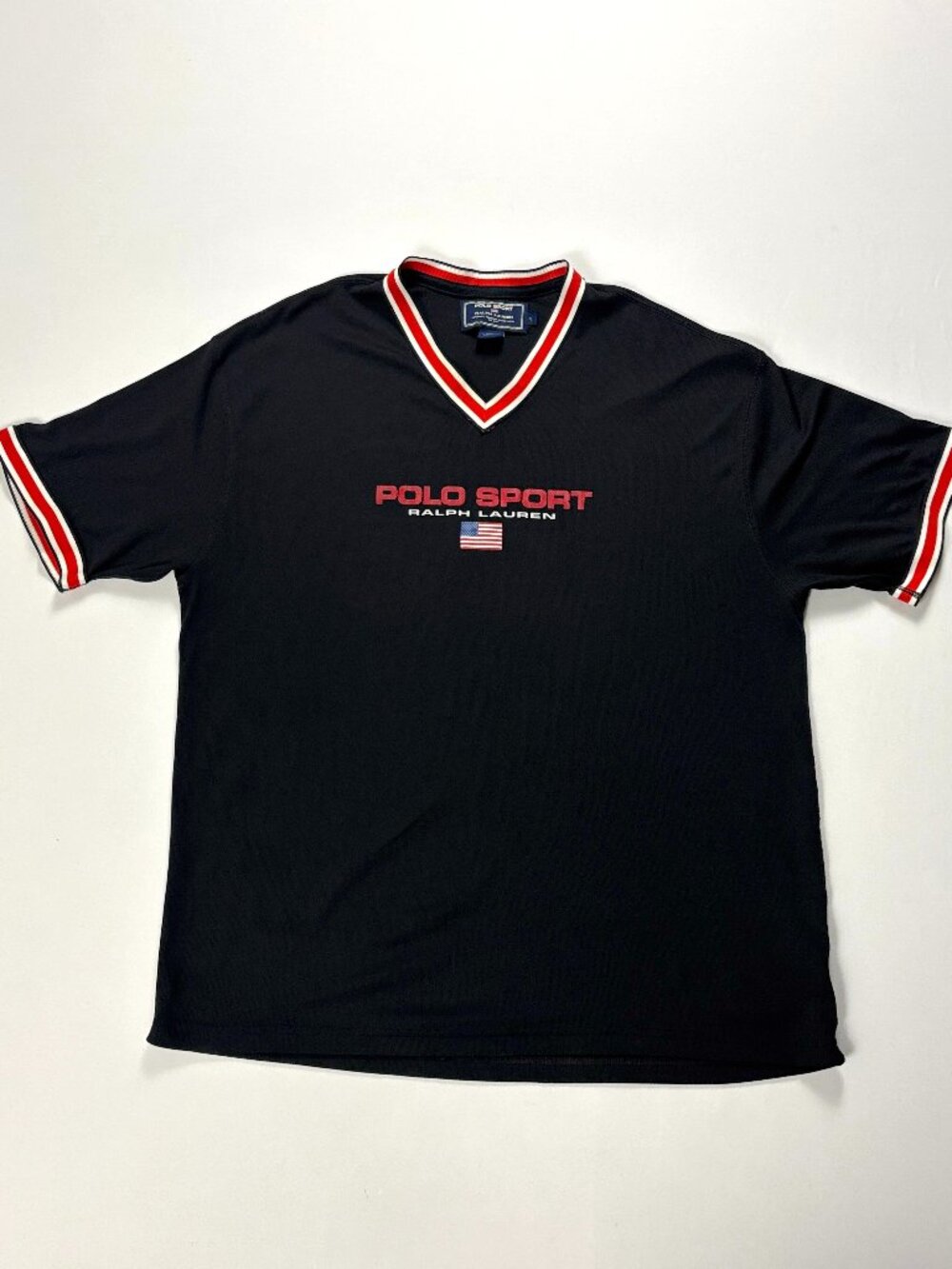 Vintage Polo Sport Ralph Lauren Mens V Neck Shirt Black Sz L Red Stripe Flag